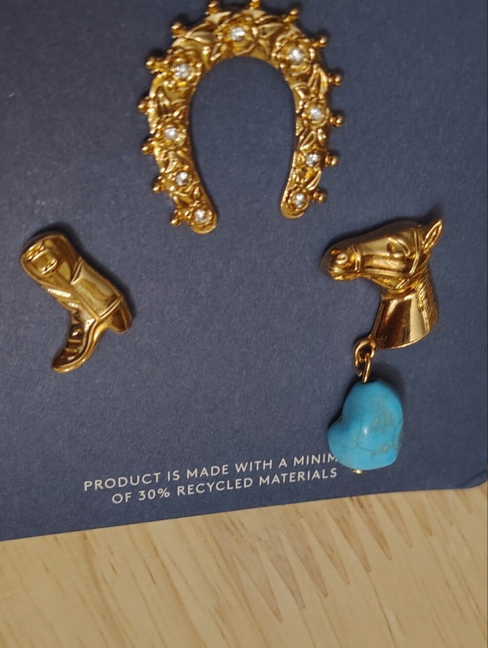 Cowboy Boot Horseshoe Horse Head With Turquoise Gold Vintage Style Pin Set